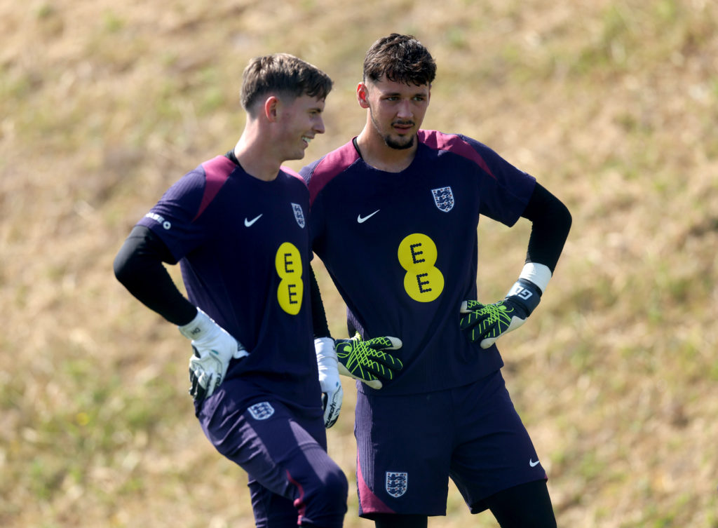 James Trafford chats to Dean Henderson during an England training session.