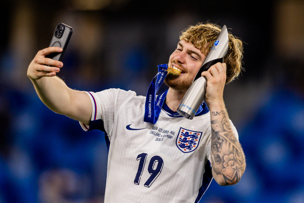 Harvey Elliott poses with the Under-21s Player of the Tournament trophy after winning the Under-21 European Championships with England.