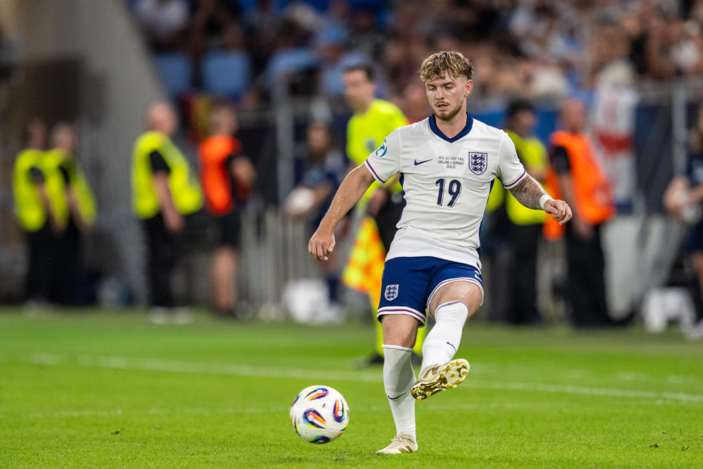 Harvey Elliot plays a ball during an Under-21 European Championship game between England and Germany.