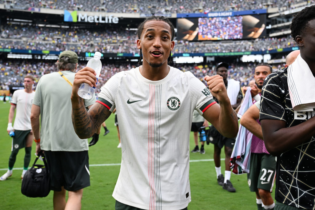 Joao Pedro celebrates after scoring two goals to help Chelsea win the Club World Cup semi-final against Fluminense.