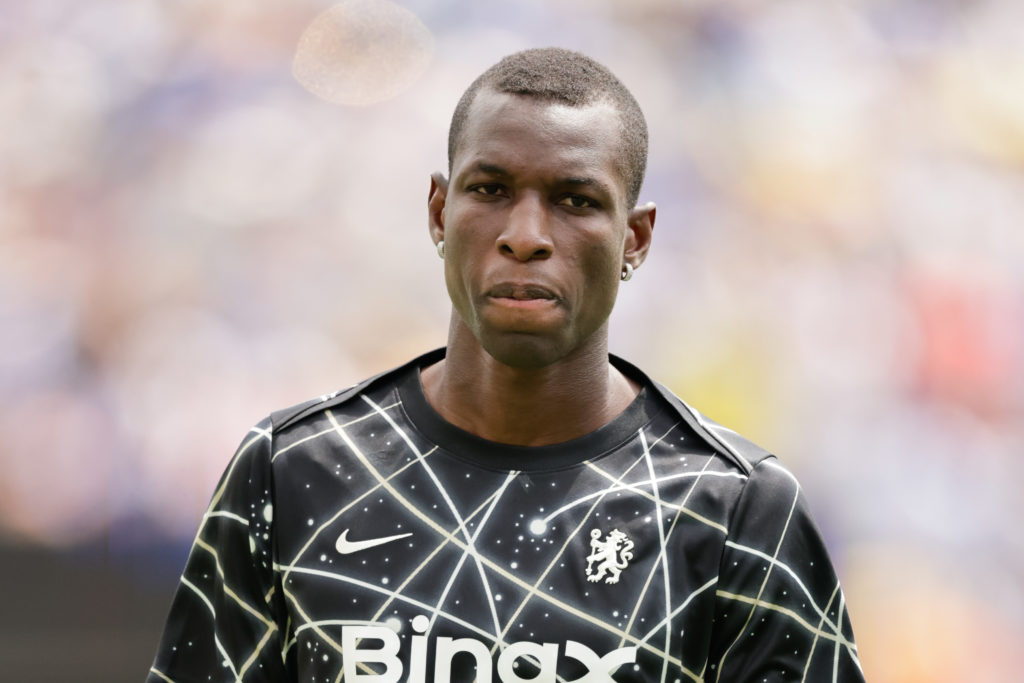 Nicolas Jackson warms up ahead of Chelsea's Club World Cup game against PSG.