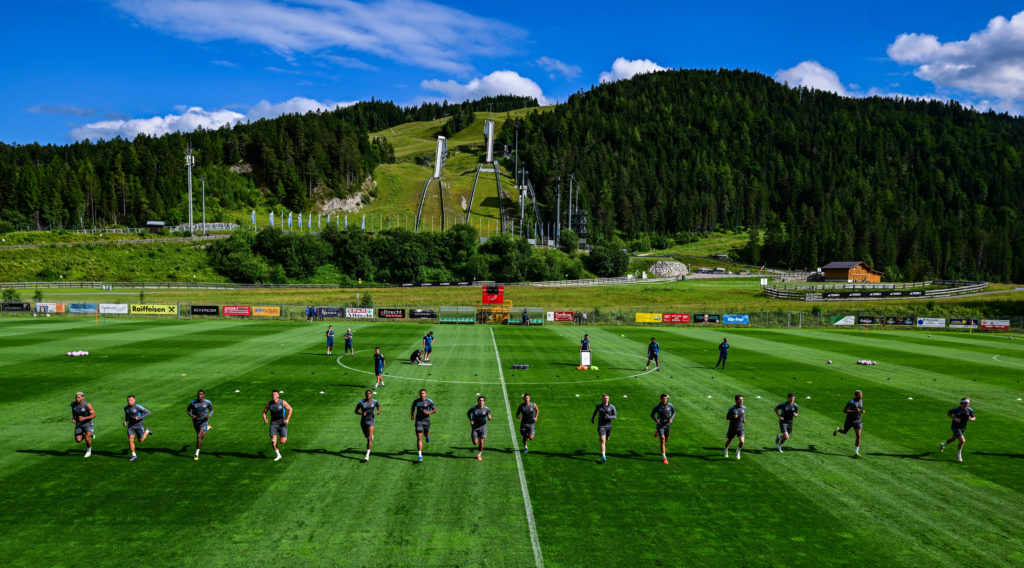 Newcastle United players running at their training camp in Austria.