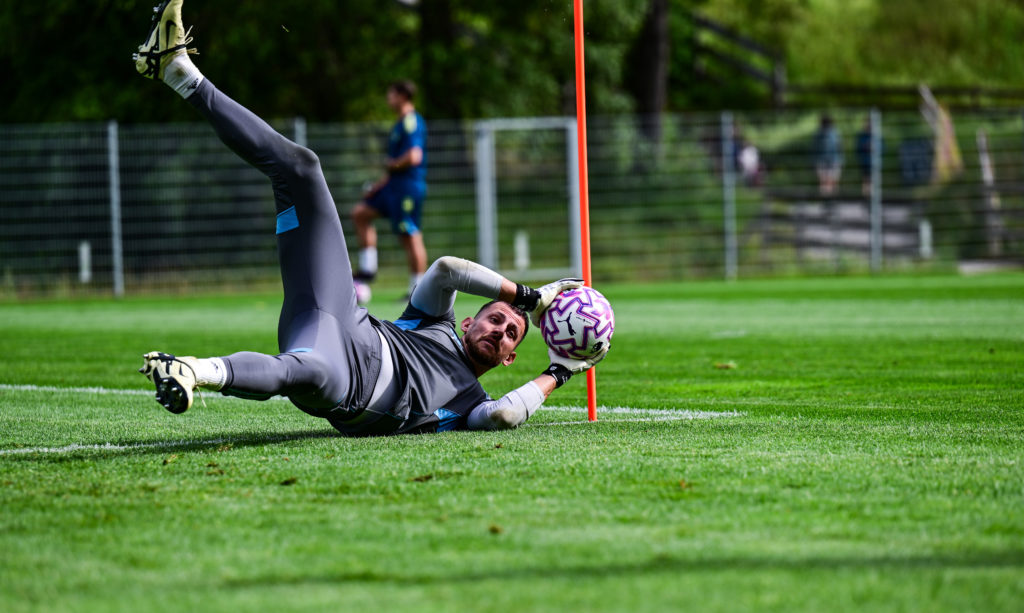 Martin Dubravka catches the ball during a Newcastle United training session.
