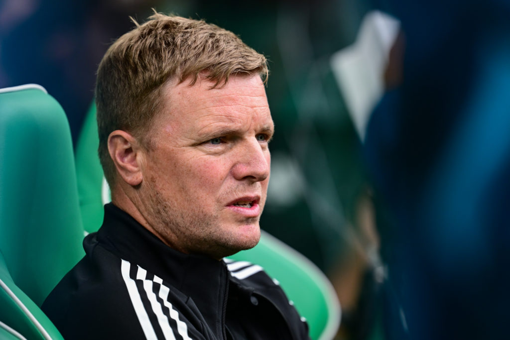 Eddie Howe looks on from the bench before Newcastle United play Celtic.