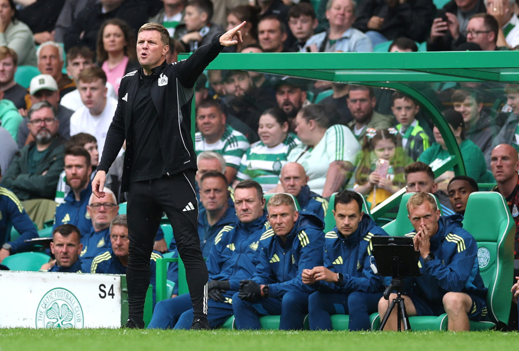 Eddie Howe barks instructions during a pre-season friendly between Celtic and Newcastle United.