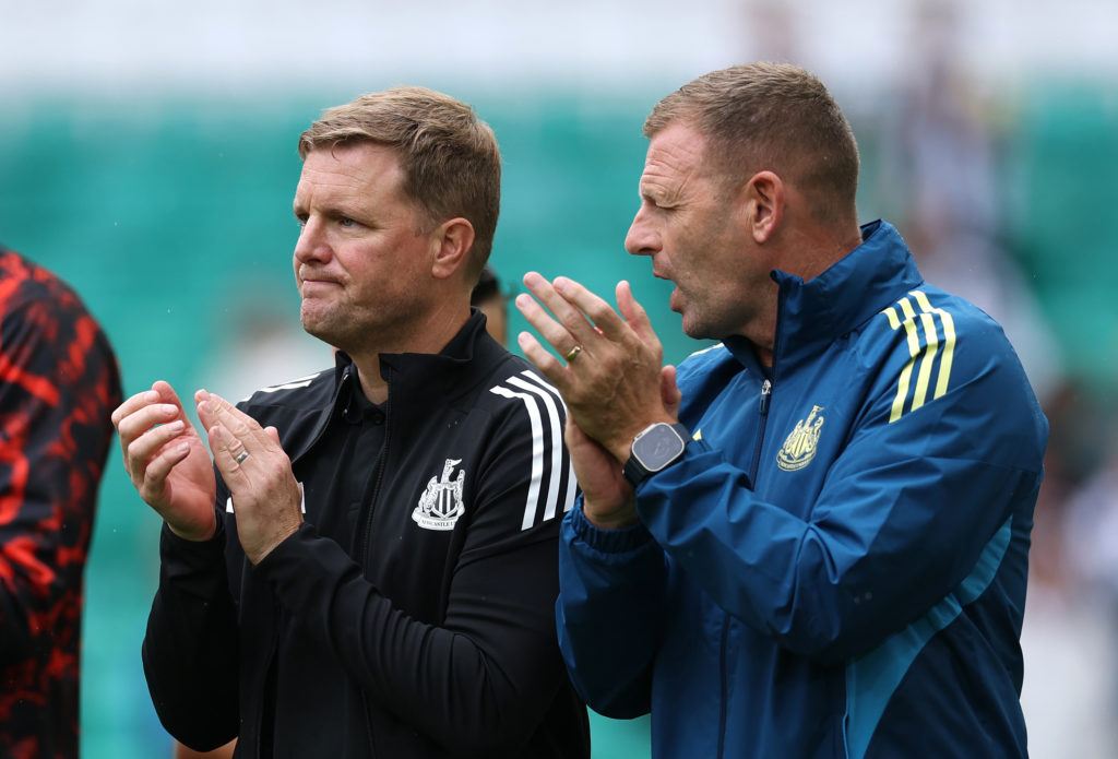 Eddie Howe and Graeme Jones clap the Newcastle United fans after losing against Celtic.
