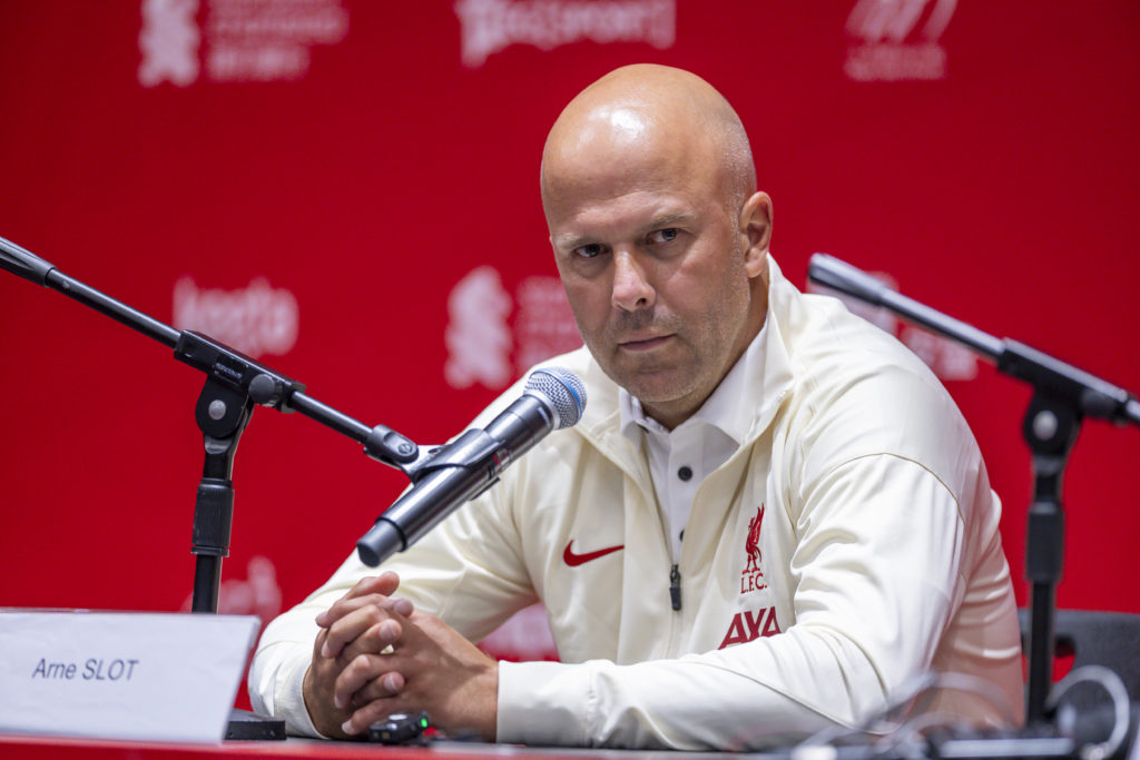 Arne Slot speaks during a Liverpool FC press conference during pre-season in Singapore.