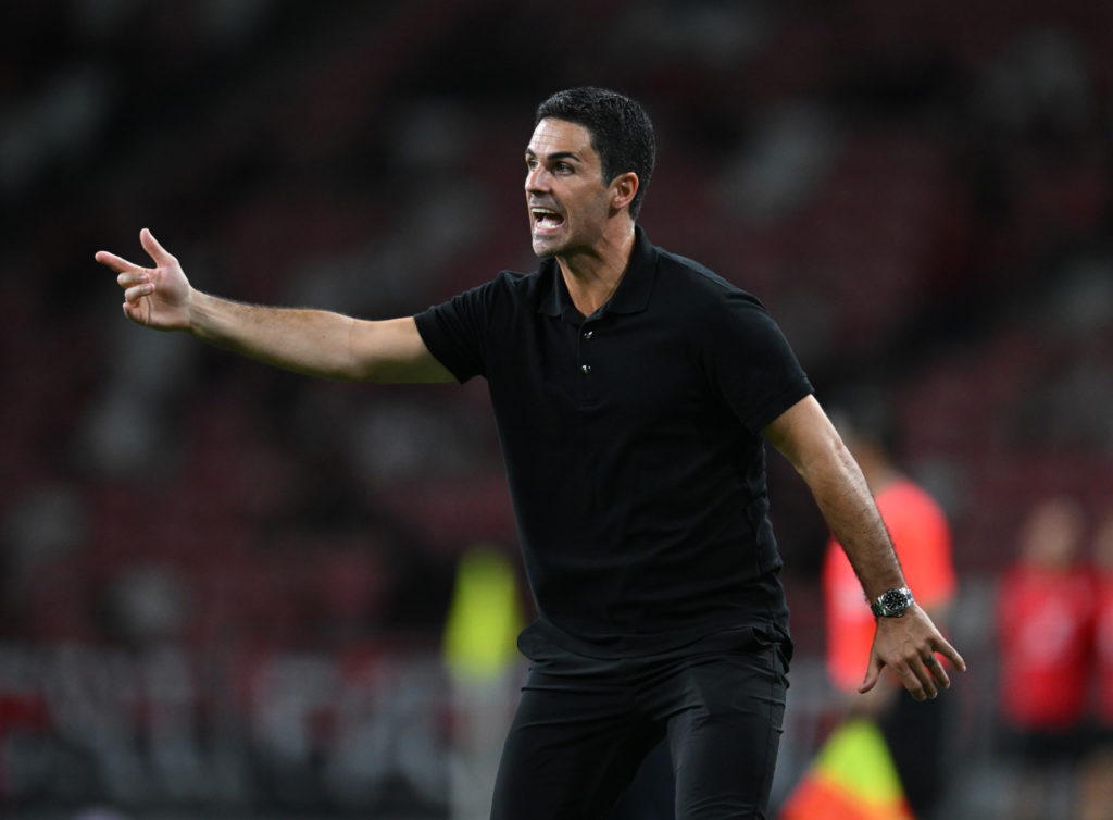 Mikel Arteta gestures on the touchline during Arsenal's pre-season friendly against AC Milan.