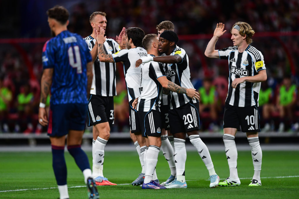 Newcastle United players celebrate after Anthony Elanga scores against Arsenal in pre-season.