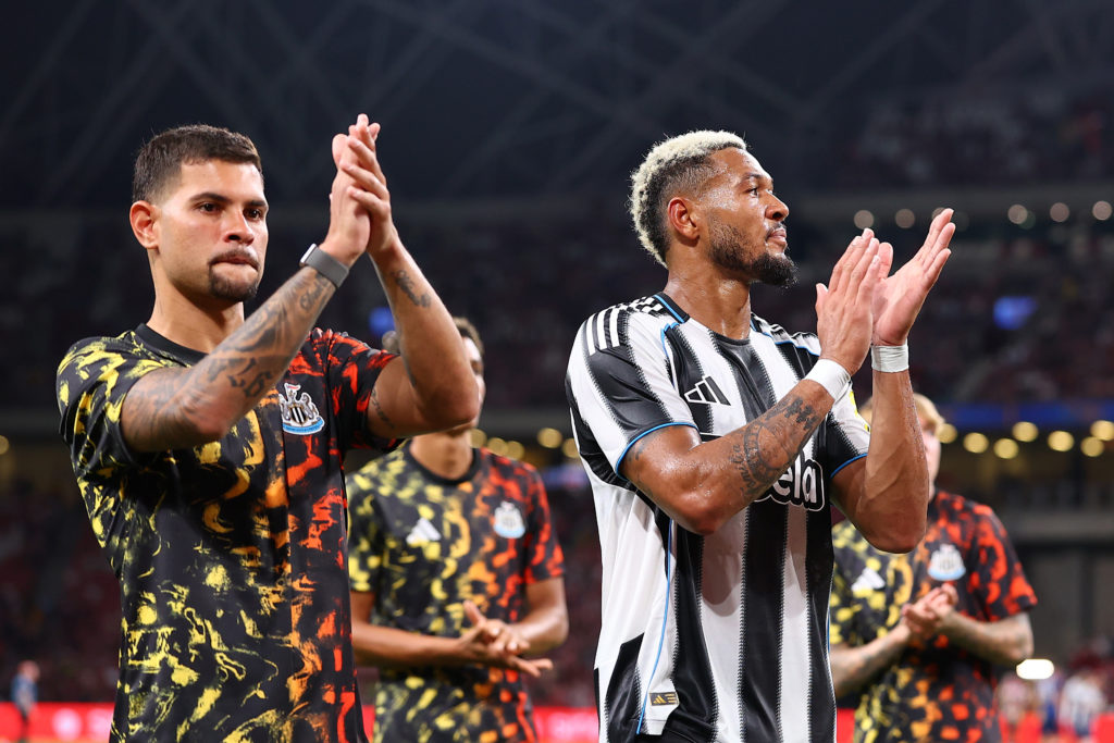 Bruno Guimaraes and Joelinton applaud the Newcastle United fans after losing to Arsenal in pre-season.