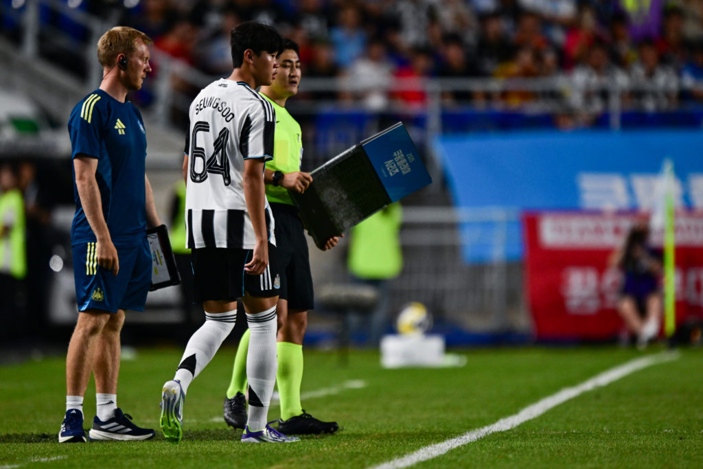 Park Seung-soo prepares to come on for his debut for Newcastle United against Team K-League in pre-season.