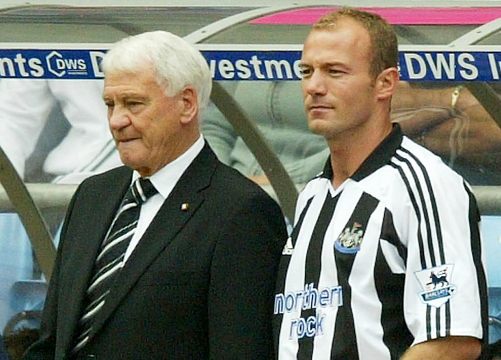 Alan Shearer stands with Bobby Robson during a Premier League game between Aston Villa and Newcastle United.