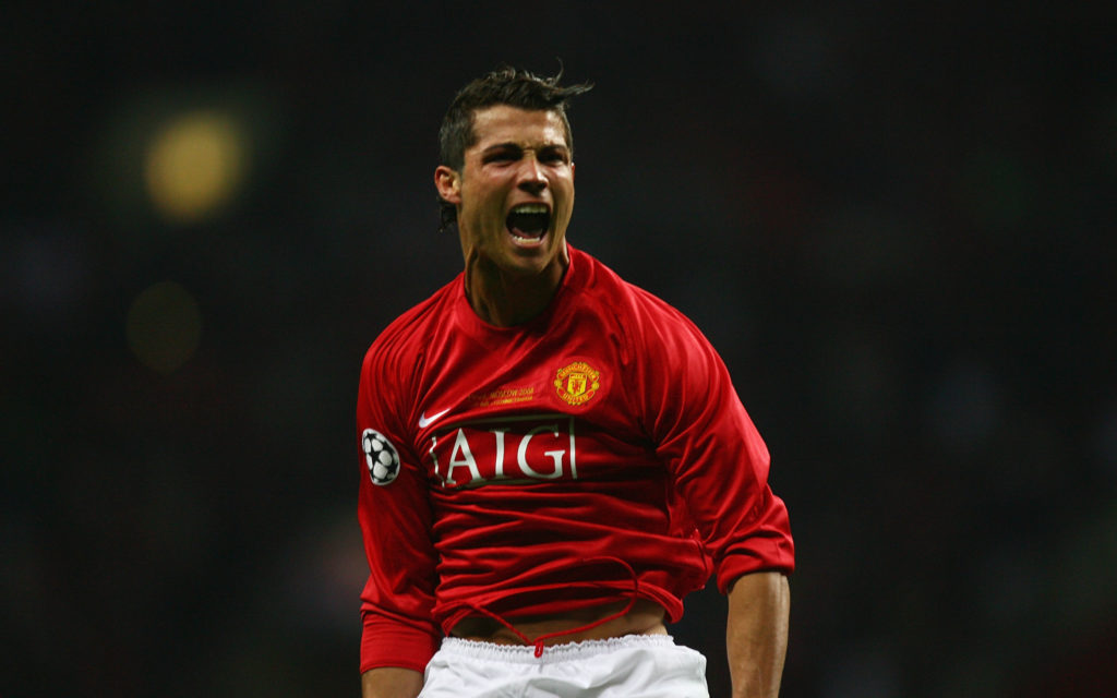 Cristiano Ronaldo celebrates after scoring for Manchester United in the 2008 Champions League final against Chelsea.