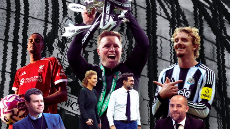 Collage of Eddie Howe lifting the Carabao Cup, Alexander Isak, Ross Wilson, Amanda Stavely, Yasir Al-Rumyyan, Nick Woltemade and Paul Mitchell.