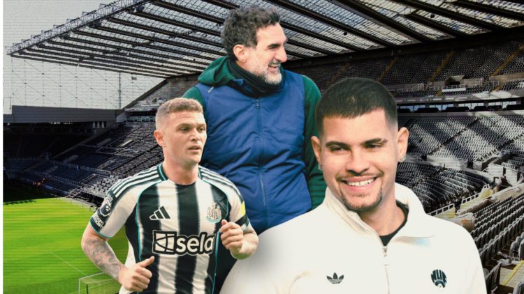Collage of Yasir Al Rumayyan, Kieran Trippier and Bruno Guimaraes in front of St. James' Park.