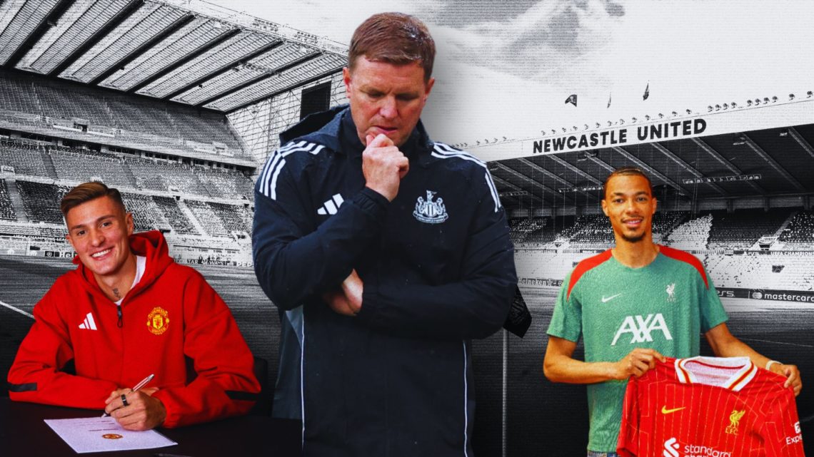 Collage of Eddie Howe, Benjamin Sesko and Hugo Ekitike in front of St. James' Park.
