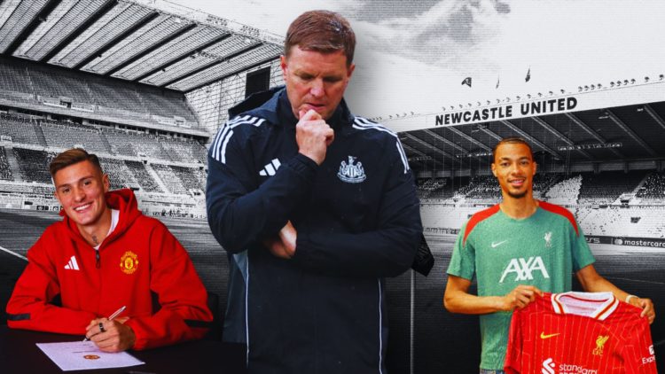 Collage of Eddie Howe, Benjamin Sesko and Hugo Ekitike in front of St. James' Park.