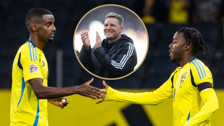 Alexander Isak and Anthony Elanga high five during a Sweden game. Inset: Newcastle United manager Eddie Howe laughs and claps.