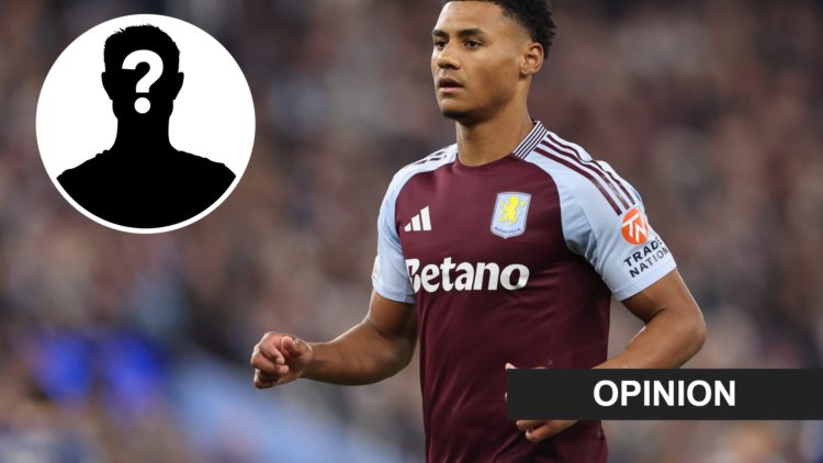 Inset, mystery person graphic. Ollie Watkins playing for Aston Villa against PSG.