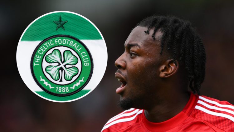Close up image of Anthony Elanga in action for Nottingham Forest. Inset: Celtic badge.
