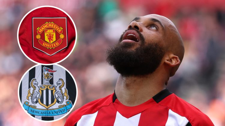 Bryan Mbeumo reacts while playing for Brentford, Newcastle United badge, Manchester United badge