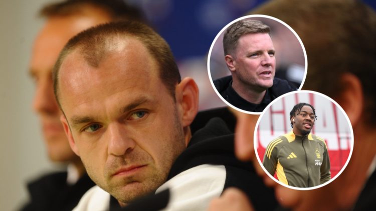 Danny Murphy pictured during a press conference, Newcastle United manager Eddie Howe looks on, Anthony Elanga arrives at the City Ground.