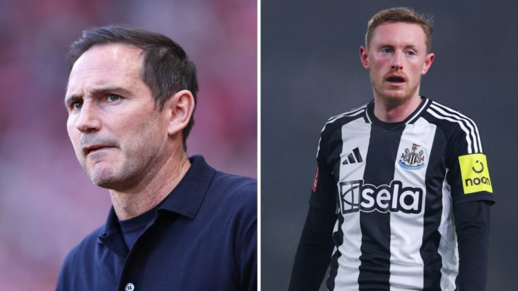 Frank Lampard is seen on the touchline. Sean Longstaff playing for Newcastle United.