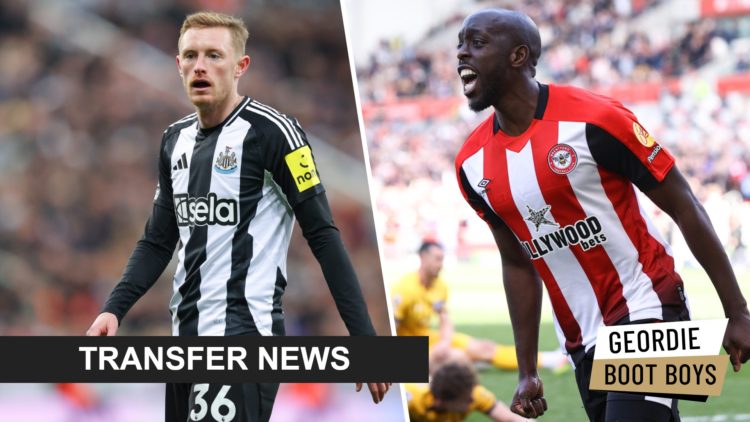 Sean Longstaff playing for Newcastle United. Yoane Wissa celebrates scoring for Brentford.