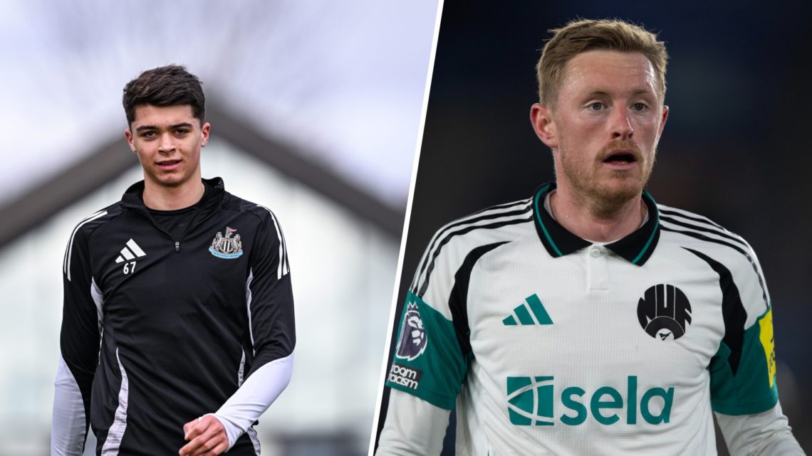 Lewis Miley looks on during the Newcastle United Training Session. Sean Longstaff of Newcastle United during the Premier League match between Leice...