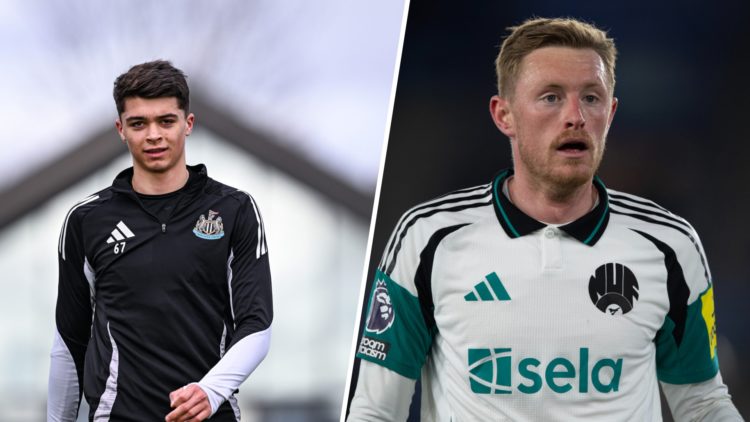 Lewis Miley looks on during the Newcastle United Training Session. Sean Longstaff of Newcastle United during the Premier League match between Leice...