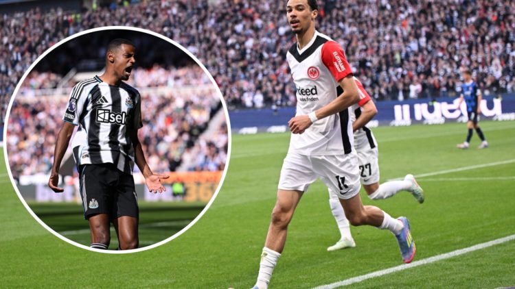 Alexander Isak reacts during a Newcastle United game. Hugo Ekitike celebrates scoring for Eintracht Frankfurt.