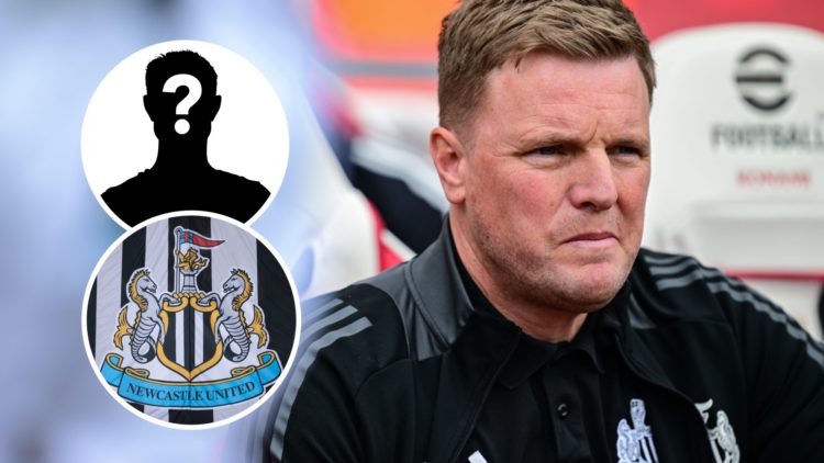 Eddie Howe looks on during Arsenal vs Newcastle United, Newcastle United badge on a flag, mystery player