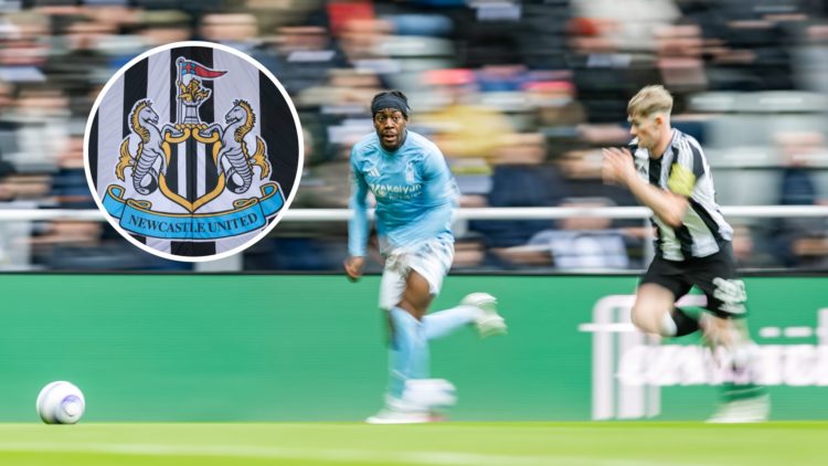 Anthony Elanga bursts down the wing during the Premier League match between Newcastle United and Nottingham Forest. Inset the Newcastle United badg...