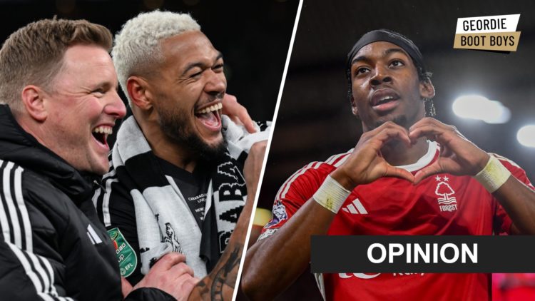 Eddie Howe and Joelinton celebrate Newcastle United winning the Carabao Cup, Anthony Elanga celebrates scoring for Nottingham Forest