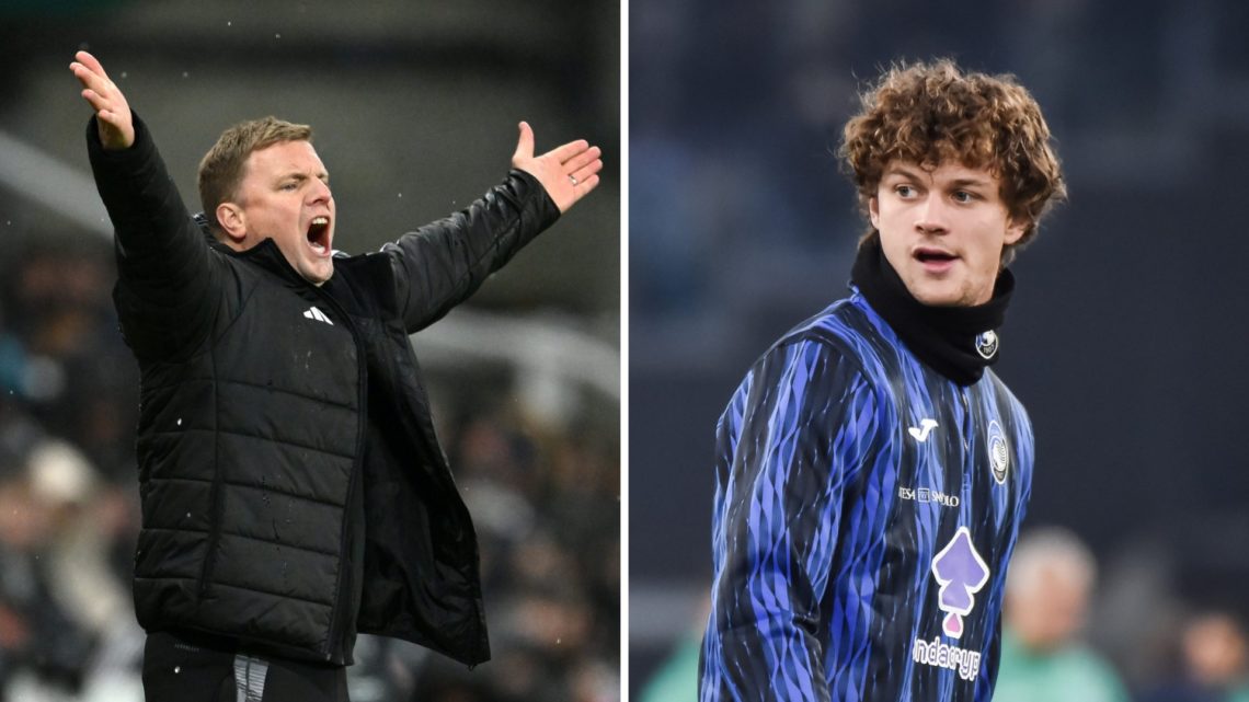 Eddie Howe reacts during the Premier League match between Newcastle United FC and Liverpool FC. Giorgio Scalvini of Atalanta BC looks on during war...