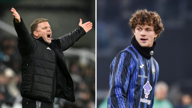 Eddie Howe reacts during the Premier League match between Newcastle United FC and Liverpool FC. Giorgio Scalvini of Atalanta BC looks on during war...