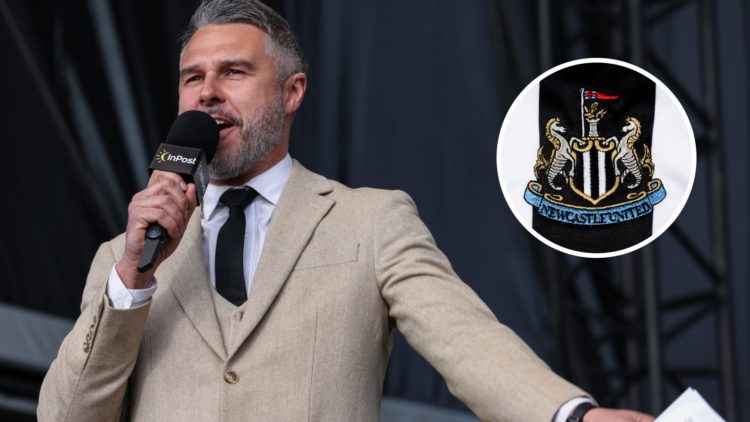 Pete Graves during the Newcastle United trophy parade and celebration. Inset: the Newcastle United badge