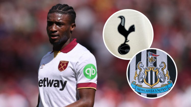 Mohammed Kudus playing for West Ham, Newcastle United badge, Tottenham Hotspur badge