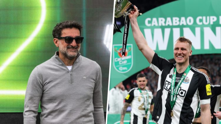 Yasir Al-Rumayyan at a LIV golf event in Miami. Dan Burn holds the Carabao Cup trophy in the air after Newcastle United beat Liverpool at Wembley.