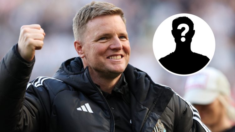Newcastle United manager Eddie Howe raises his fist in the air and smiles after qualifying for the Champions League. Inset: a mystery player