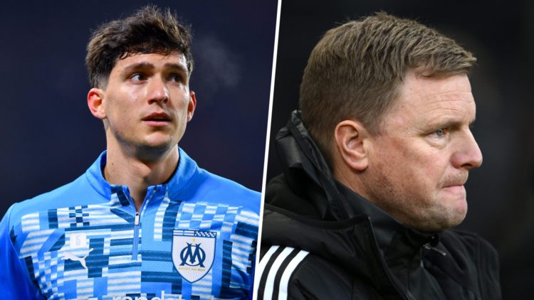 Leonardo Balerdi prepares to play for Marseille, Newcastle United manager Eddie Howe looks concerned