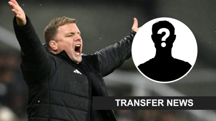 Eddie Howe gestures while managing Newcastle United, mystery player