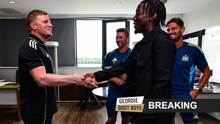 Anthony Elanga meets Eddie Howe after signing for Newcastle United. Inset: a breaking news banner and the Geordie Boot Boys logo