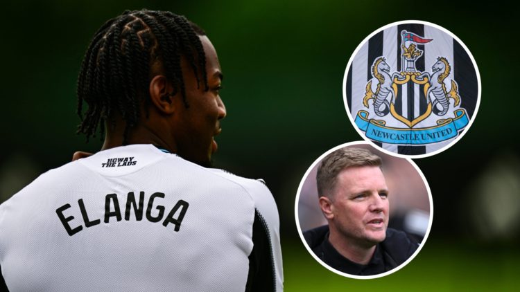 Newcastle United announce the signing of Anthony Elanga. Inset: Newcastle United manager Eddie Howe and the Newcastle United crest on a flag.