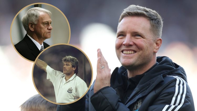 Eddie Howe smiles and applauds fans. Insets: Sir Bobby Robson and Kevin Keegan during their time in charge of Newcastle.