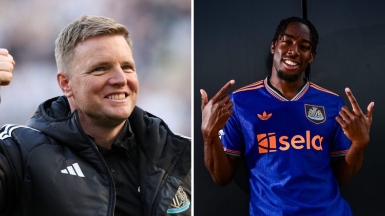 Newcastle United manager Eddie Howe celebrates, Anthony Elanga is unveiled as a Newcastle United player