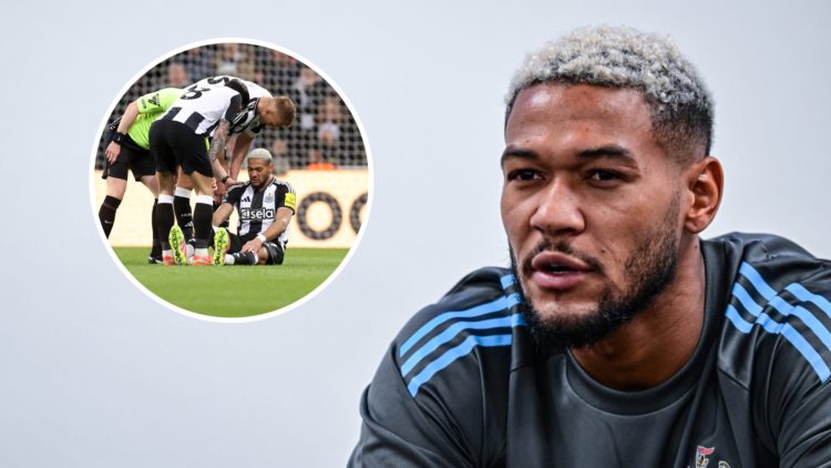 Joelinton in the gym during Pre Season Training at the Newcastle United Training Centre. Inset: Joelinton on the floor injured during a Premier Lea...