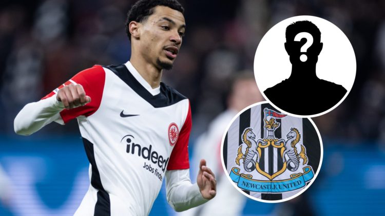 Hugo Ekitike in action during a game between Eintracht Frankfurt and Bayer Leverkusen. Inset: the Newcastle United badge on a flag and a mystery pl...