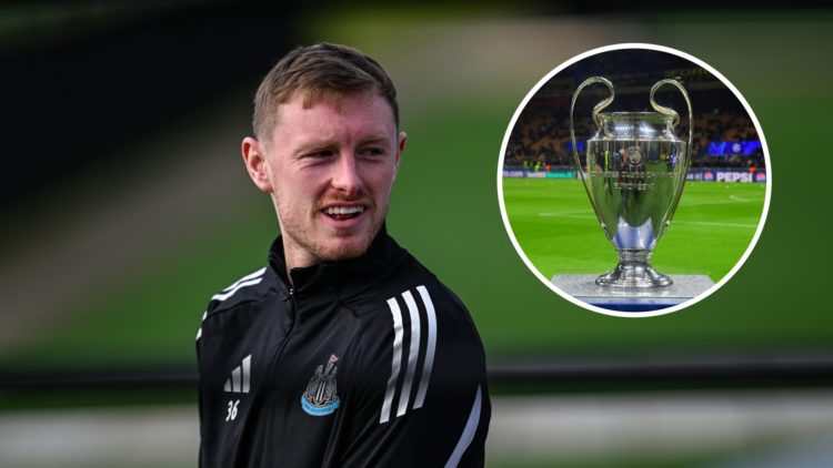 Sean Longstaff during a Newcastle United Training Session. Inset: the Champions League trophy on a mini stage.