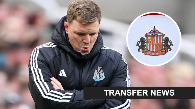 Eddie Howe reacts during the Premier League match between Newcastle United FC and Ipswich Town FC. Inset: the Sunderland badge and a transfer news ...